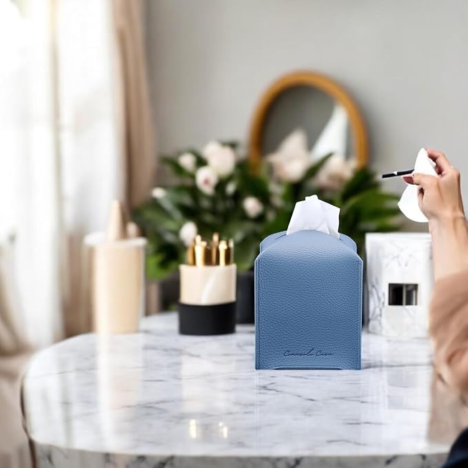 Premium PU Leather Tissue Box Holder - Elegant Hotel-Style Tissue Box Cover for Home, Office & Car Décor, Tissues Cube Organizer for a Natural & Classic Look (Sky Blue 2 Pack)
