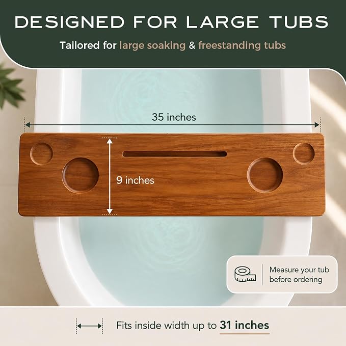 Grand Fjord 35" Luxury Teak Bathtub Tray for Large Tubs | Bath tub tray wood for freestanding tubs, bathtub trays for tub, bath tray for tub, bath table tray, soaking, home spa