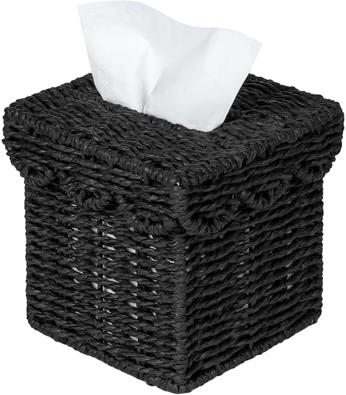 CubesLand Square Wicker Tissue Box Cover W/Scalloped Lid for Home Decor | Rustic Farmhouse Boho Facial Tissues Boxes Holder fits Bathroom Living Room Table Decor, Handwoven, Black