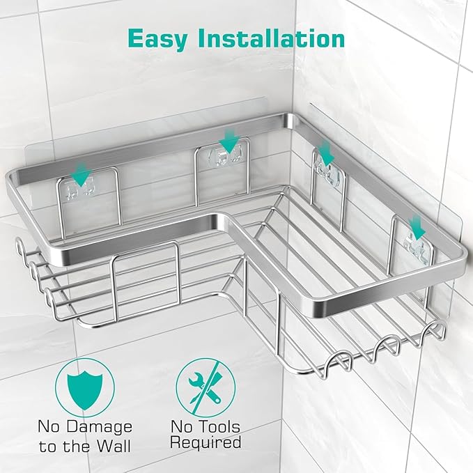 Corner Adhesive Shower Caddy, with Soap Holder and 12 Hooks, Rustproof Stainless Steel Bathroom Organizer, No Drilling Wall Mounted Rack, Brushed Silver, 3-Pack