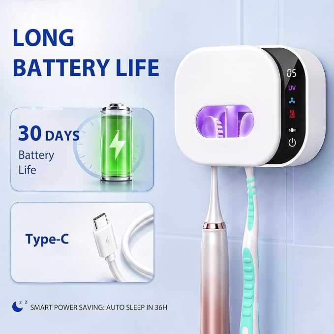 FamilyKit Toothbrush Cleaner Holder, Infrared Sensing & Drying with 2 Slots | Portable Toothbrush Covers Case, Wall Mounted Tooth Brush Holder with LED Smart Display & Hot Air Drying for Home Travel