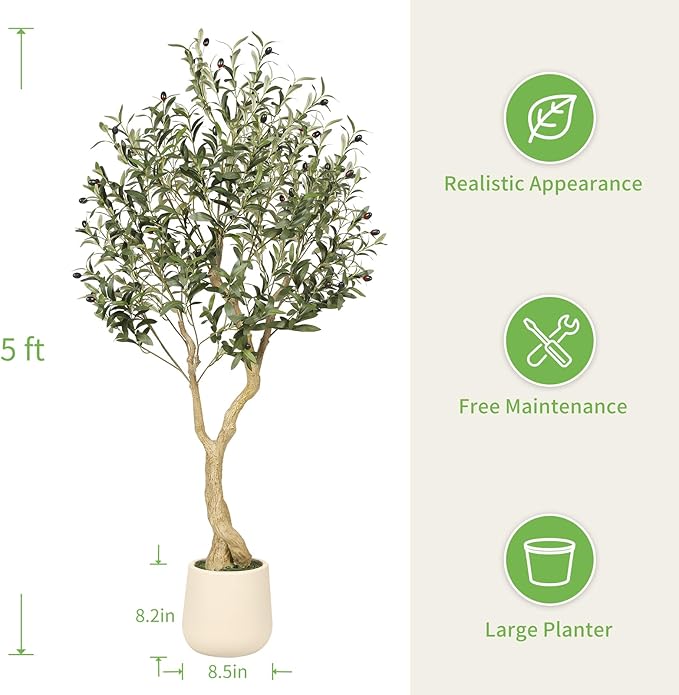 5ft Olive Trees Artificial Indoor with White Tall Exquisite Planter | Realistic Faux Olive Tree with Thick Trunk and Lifelike Leaves - Large Fake Olive Tree 5 Feet for Home Office Decor