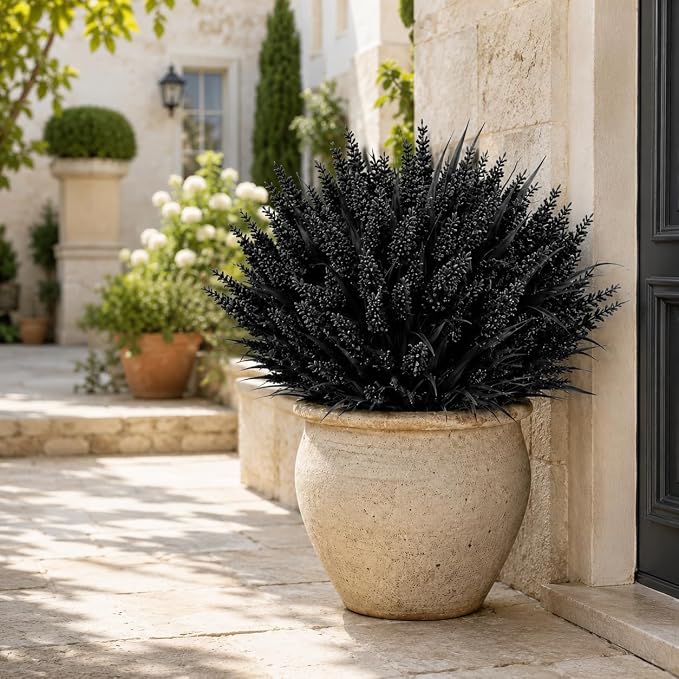 Geegoods 24 Bundles Artificial Black Flowers Outdoor, UV Resistant | Faux Lavender Plants with Monkey Grass for Halloween Porch Window Box Patio Hanging Planter Garden Decor
