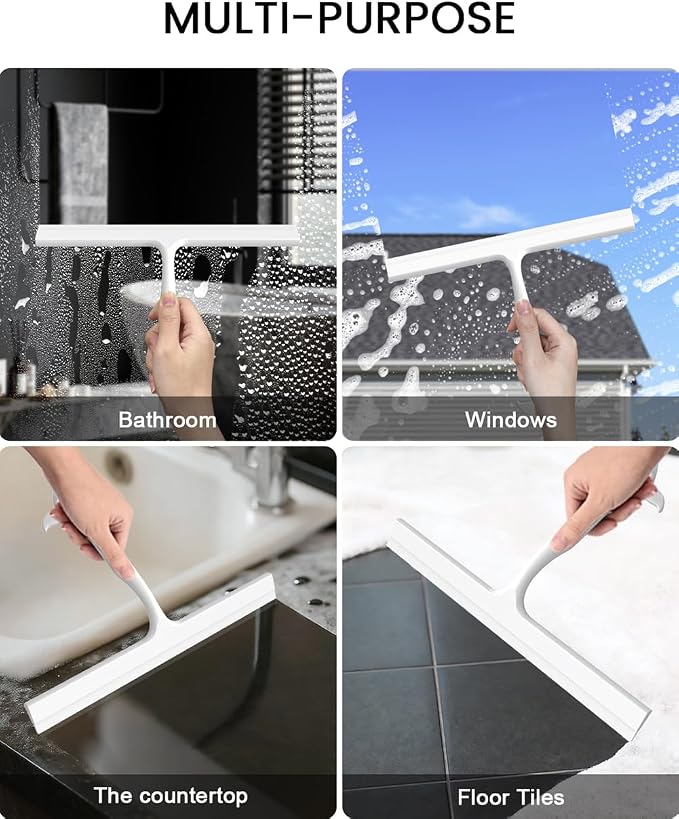 Shower Squeegee for Shower Glass Doors, 10 in Bathroom Squeegee with Hook | Muilt-Purpose Glass Squeegee for Tile, Shower Walls, Window, Car Cleaning, Streak-Free, No-Squeak, Ergonomic Hanging Squeegee