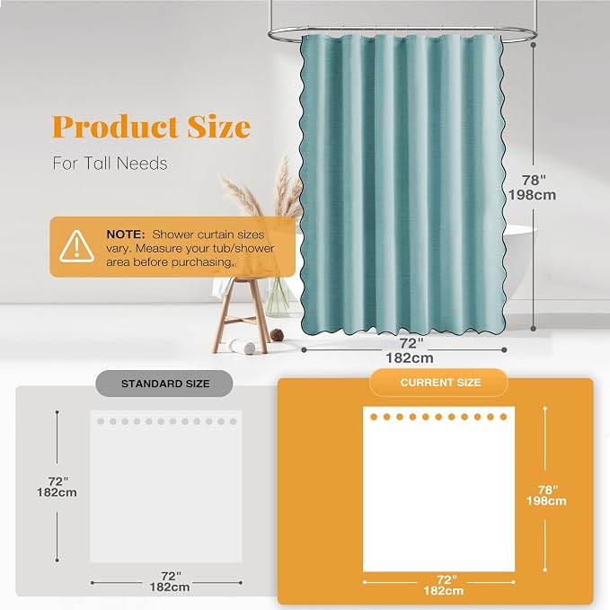 72x78 Boho Scalloped Linen Textured Cloth Shower Curtain Set, Teal | Long Size, 230GSM Waterproof Polyester, Heavy Duty Fabric, 12 Plastic Hooks, Elegant Modern Farmhouse Style, Machine Washable