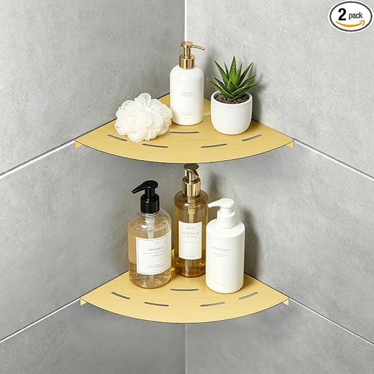 soaez Brushed Gold Corner Shower Shelf, SUS304 Stainless Steel Bathroom Shower Shelves Prevent Rust Drilling Installation (8", 2Pack)