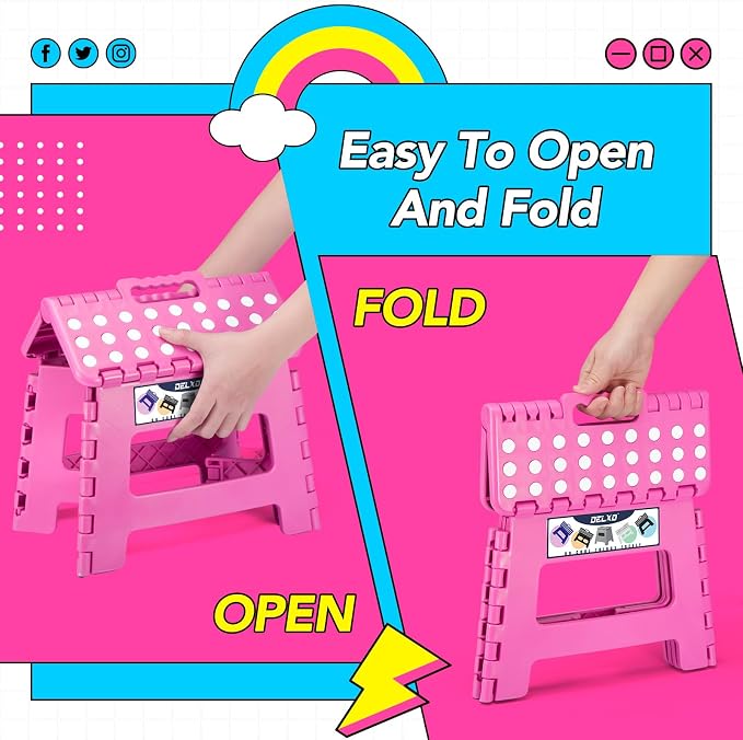 Delxo 9 Inch Kids Step Stool,300 Lbs Folding Step Stool for Toddler Pink | Foldable Step Stool,Non-Slip Foot Stools with Handle, Lightweight Collapsible Stool for Kitchen,Bathroom,Bedroom,Garden