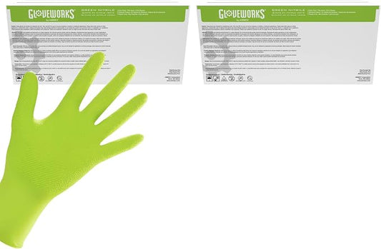 GLOVEWORKS Green Nitrile Gloves 8 Mil Heavy Duty Texture Chemical Resistant | Mechanic and Cleaning Gloves, Suitable for Heavy Duty Industrial Use, Chemical Resistant, HIgh-Visibility Color, Bulk Options