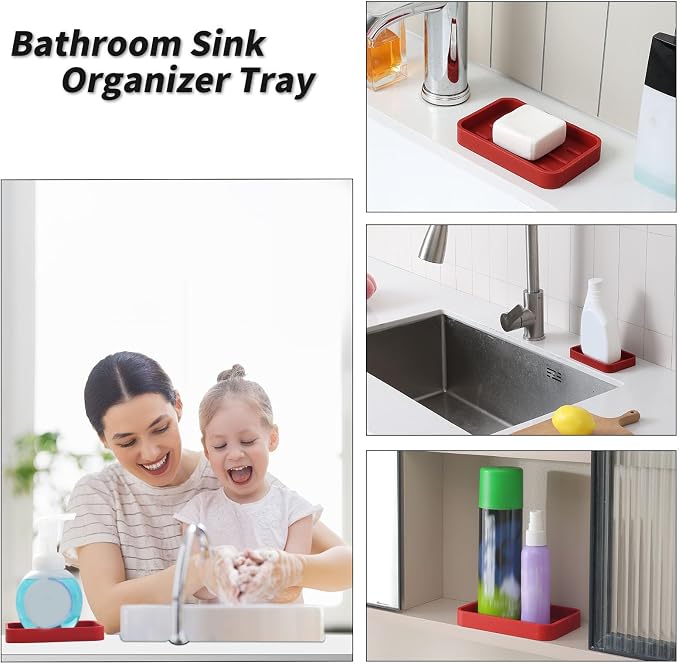 MicoYang Silicone Kitchen Sink Organizer Tray for Multiple Usage,Easy Clean Sponges Holder for Kitchen Bathroom Counter or Sink,Dish Soap Dispenser,Scrubber,Bottle,Cup Red 4.9”x 3.2”