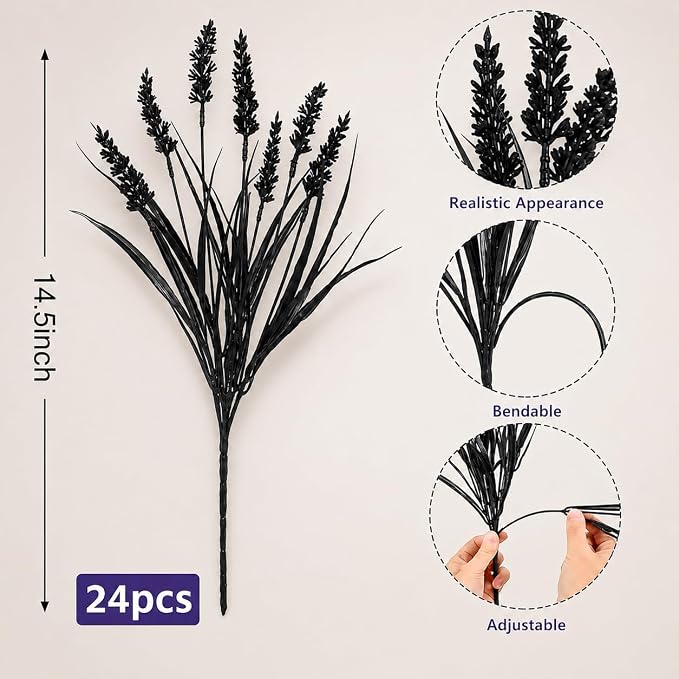 Geegoods 24 Bundles Artificial Black Flowers Outdoor, UV Resistant | Faux Lavender Plants with Monkey Grass for Halloween Porch Window Box Patio Hanging Planter Garden Decor