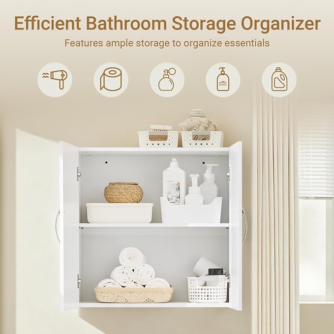 SoBuy Wall Cabinet, Over Toilet Storage Cabinet, Medicine Cabinet with Shelf, Multifunctional Wall Mount Cabinet for Laundry Room, Kitchen, Bathroom, White