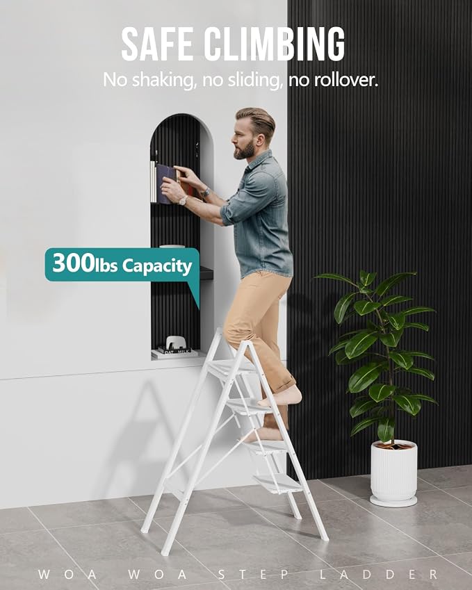 4 Step Foldable Step Stool, 300lbs Load, White | Folded 43''H x 2''T; Net 9.9 lbs; Non-Slip Feet: Wood/Tile/Carpet; Rigid Aluminum Steps; No Assembly; Ready From Box.