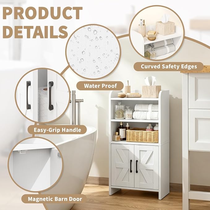 Small Bathroom Storage Cabinet, Farmhouse Freestanding Toilet Paper Storage with 2 Doors and Shelves, Slim Bathroom Storage Cabinet for Small Spaces, White, 7.9" D x 14.2" W x 29.5" H