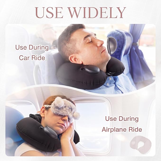 Colingmill 2 Pcs Inflatable Bath Pillows for Tub, U-Shaped Neck & Head Support Cushion, Portable Blow Up Travel Neck Pillow with Adjustable Button for Airplanes & Home Spa (Black)