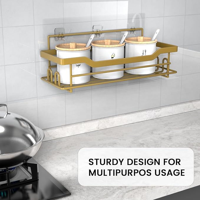 Shower Caddy Shelves Organizer Rack, Single Pack Shower Shelf, Caddies for Shampoo Soap Bathroom Waterproof Adhesive Holder, No Drilling Wall Mounted Self, Matte Gold
