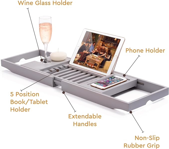 Bamboo Bathtub Caddy - Expandable Wood Tub Tray with Wine Holder, Book & Tablet Stand - Spa Accessories for Relaxation, Tub Shelf Table, Gift Idea for Her & Him (Gray)