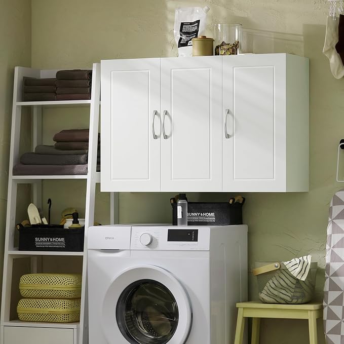 3-Door Wall Mount Bathroom & Laundry Cabinet, Wall Size, White | 3-Door Wall Storage Cabinet With Adjustable Shelves, Over Toilet/Washer MDF Medicine Cabinet, HUS-FRG231-L