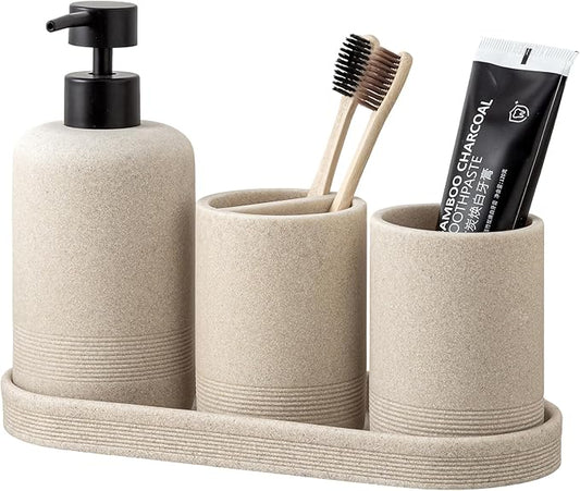 Bathroom Accessories Set, Simple Sandstone Look, Beige, 4 PCS | Modern,Minimalist,Bathroom Accessory Set with 15.2 OZ Soap Dispenser,Toothbrush Holder,Vanity Tray,Tumbler for Hotel,Cafe,Bar