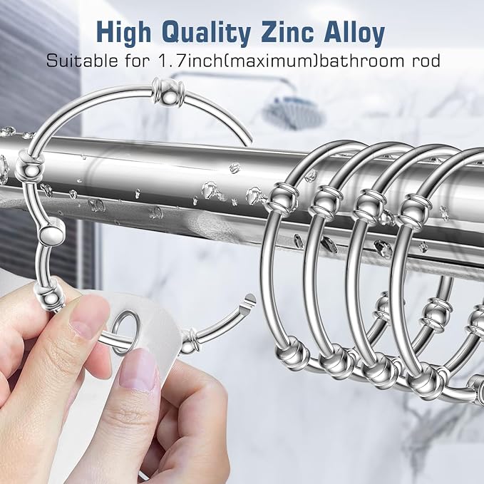 Shower Curtain Hooks, Rust Proof Metal Decorative Shower Rings for Bathroom, Glide Smoothly on Shower Curtain Rod, 12 Pcs Chrome