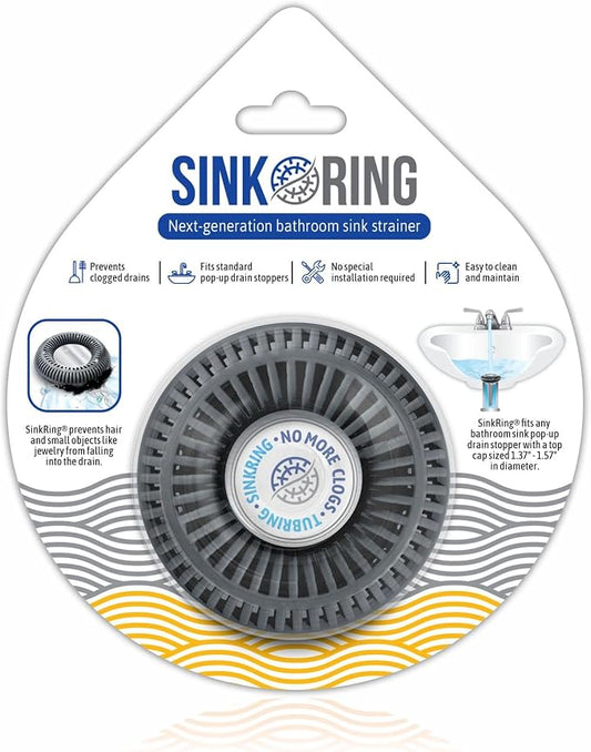 SinkRing Bathroom Sink Drain Protector & Strainer for Stoppers, Charcoal | Easy snap-in design. Precision clog-free trap prevents loss of earrings, jewelry or contacts. Fits 1.37" - 1.57" stoppers.