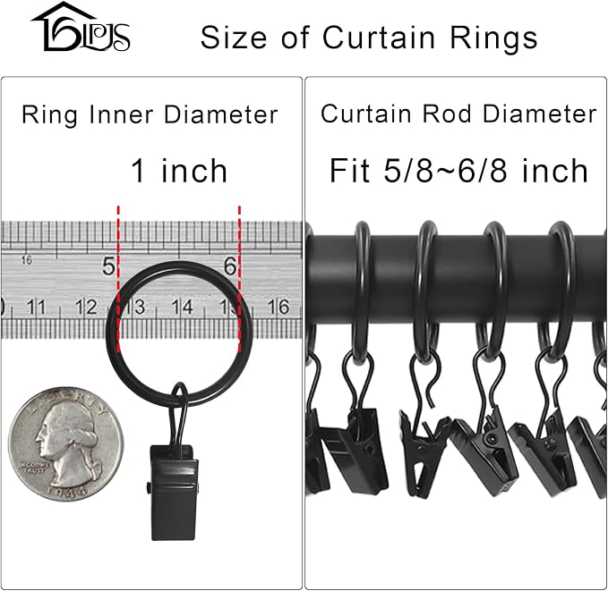 LLPJS 100 Pack Curtain Rings with Clips, Curtain Clip Rings Hooks, Bow Hanger Clips for Hanging Drapery Drapes Bows, Ring 1 inch Interior Diameter, Fits up to 5/8" Rod, Black