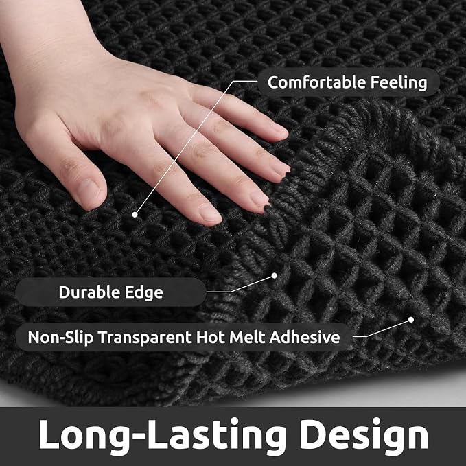 AMOAMI Waffle Bath-Mat, Absorbent Bath Mats for Bathroom Non Slip, Machine Washable Bathroom Rugs with Tassels Ultra Soft Boho Bath Rugs for Floor 17''x24'' Black