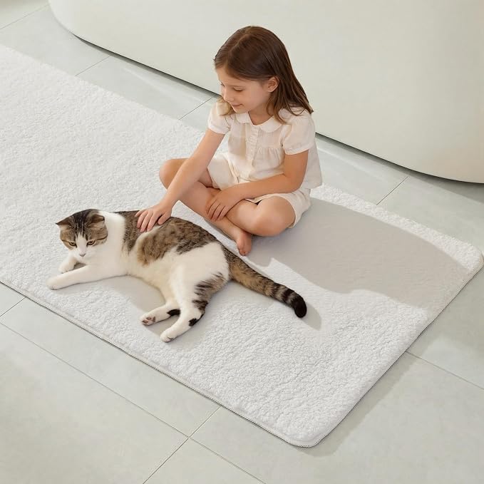TYUU White Bathroom Rugs, Ultra Soft Bath Rugs Non Slip Washable, Super Absorbent Quick Dry Small Bath Mat with Rubber Backing for Bathroom Floor, Shower, or Sink, White 16" x 24"