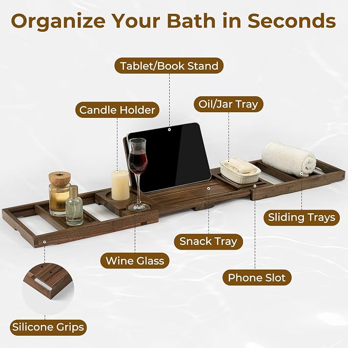 Teak Bathtub Tray Caddy, Foldable Bath Tray with Expandable Handles, Wine Glass and Phone Holders, Book Stand, for Home Spa Relaxation, Luxury Bathroom Accessories - Dark Walnut Color