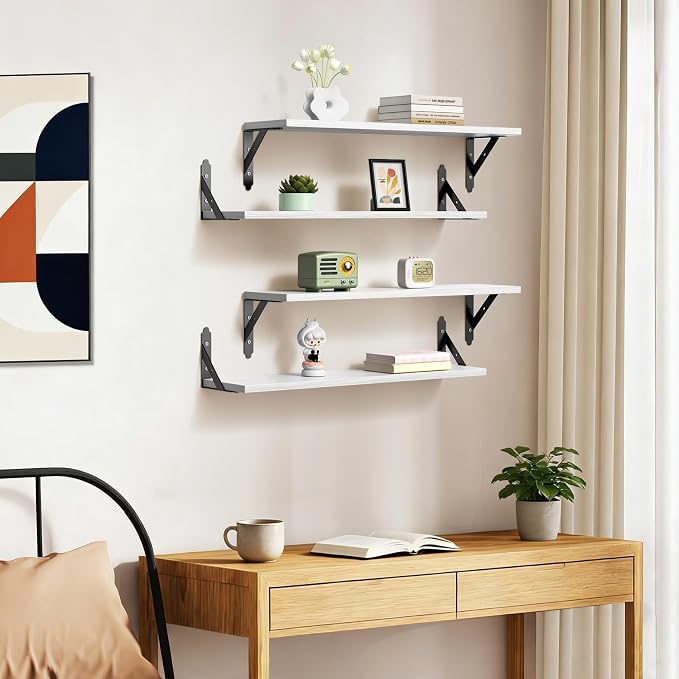 ROMGUAR CRAFT Wood Floating Shelves Set of 4, Rustic Storage Decor Wall Shelves, Wall Mounted Shelf for Living Room, Bedroom 23.6" x 6", White