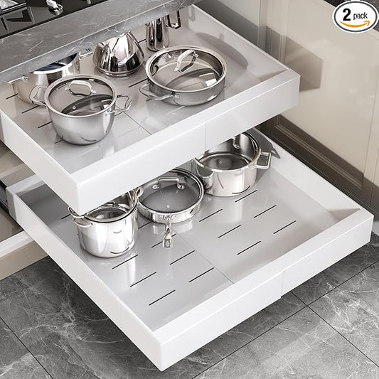 Seinloes 2 Pack Pull Out Cabinet Organizer 22" Deep,Full Extension 3 Slide Rails Slide Out Drawers With Raising Pad for Framed Cabinets,Expandable Width (12.3"-20.5"),No Drill Roll Out shelf,White