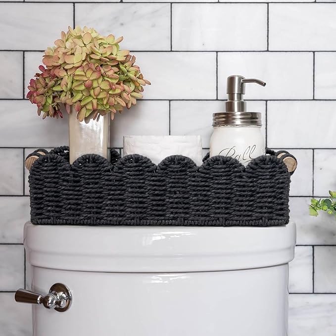 CubesLand Scalloped Toilet Paper Storage Basket W/Handle for Home Decor | Paper Rope Toilet Organizer Basket for Countertop, Over Toilet Shelf, End Table, Living Room Cozy Decorative & More, Black