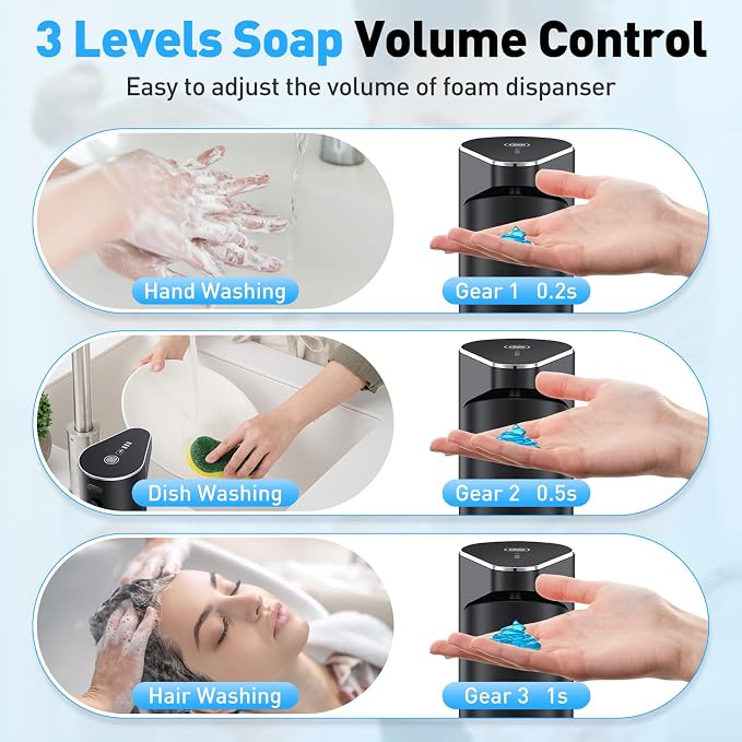 Fantictas Automatic Liquid Soap Dispenser, 3 Levels for Kitchen and Bath | For Hand and Dish Soap, Responsive Sensor, Type-C Charging, 90-day Use, Wall Mountable, IPX5 Waterproof, 350ML, Black Gel