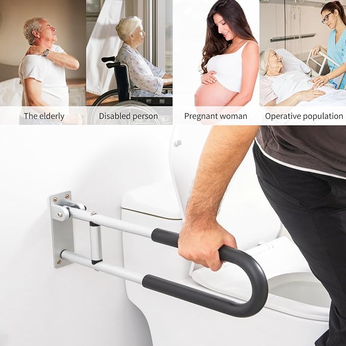 Toilet Grab Bar 28 Inch Flip Up Aluminum Handicap Rails Grab Bars Toilet Rail Bathroom U Shaped and Wall Mount Safety for Seniors Elderly Disabled Pregnant Injured Patients