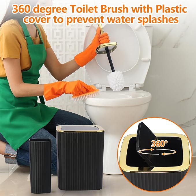 9 PCS Black Bathroom Accessories Set with Trash Can Bathroom Accessory | All-in-One Kit with Trash Can,Toothbrush Holder,Soap Dispenser,Toothbrush Cup,Vanity Tray,Soap Dish,Toilet Brush etc for Home