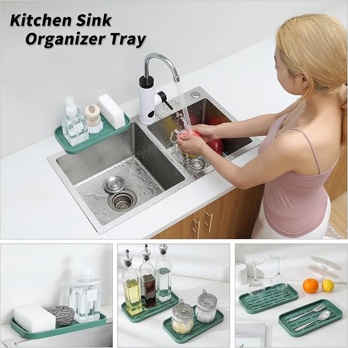 MicoYang Silicone Kitchen Sink Organizer Tray for Multiple Usage,Eco-Friendly Sponges Holder for Kitchen Bathroom Counter or Sink,Dish Soap Dispenser,Scrubber,Bottle,Cup (Green, 10"×5.3")