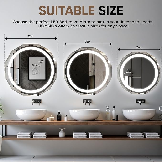 28" Round LED Bathroom Vanity Mirror, Backlit Anti-Fog Frameless | Beveled Edge, Dimmable 3 Colors, Memory Function, HD Shatterproof Tempered Glass, Lighted Mirror for Wall