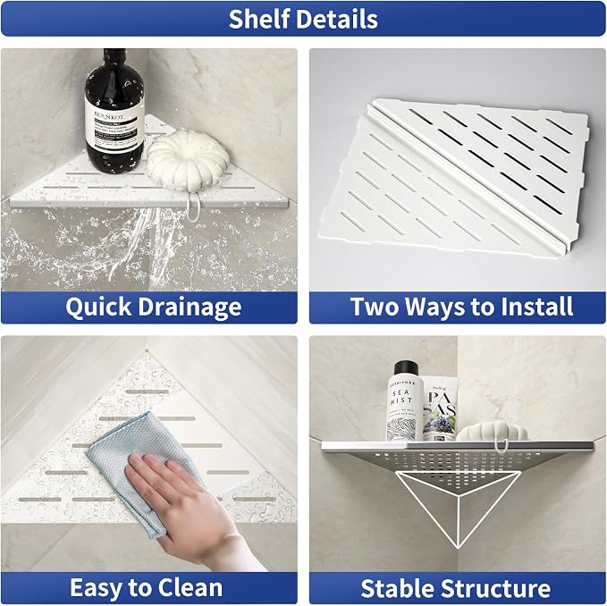 Corner Shower Shelf 10", White | 304 Stainless Steel Bathroom Shelf for Tiled Wall, Grout in Shelves, 2 Pack