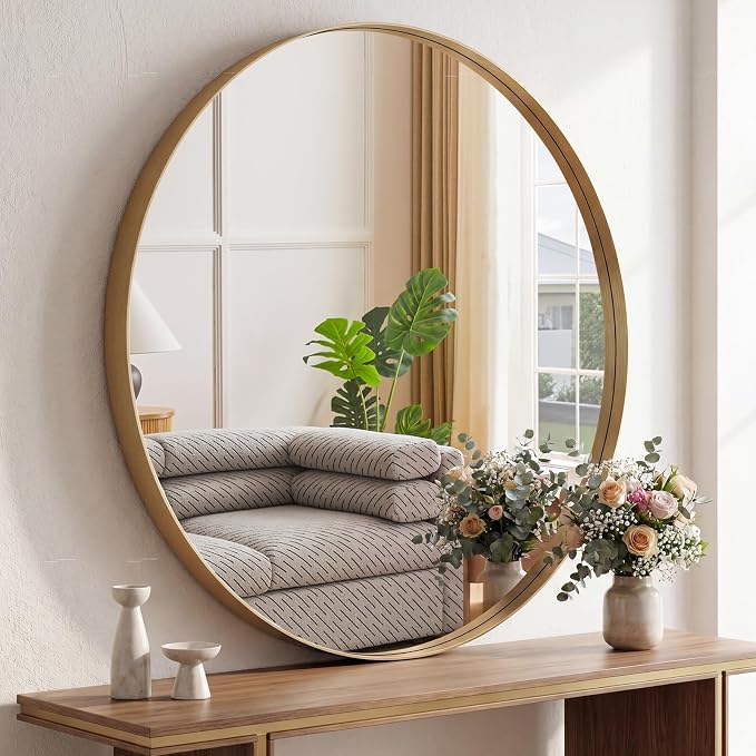 Sweetcrispy 30 Inch Round Bathroom Wall Mirror, Circle Vanity Mirror | for Bathroom Sink, Matte Metal Frame, Home Decor Living Room, Bedroom Hang Mount, Gold