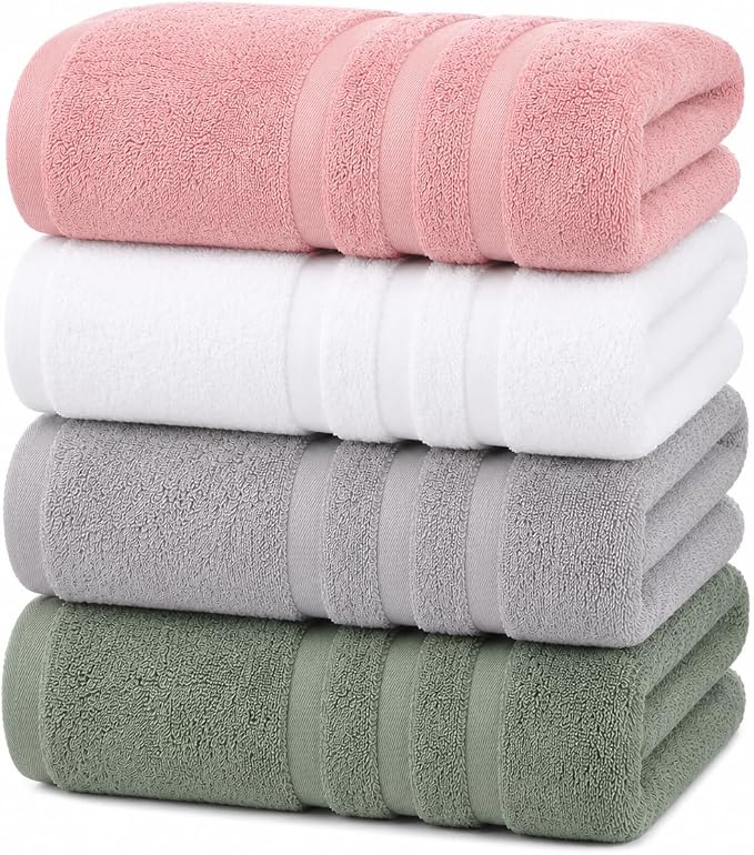Velqora Bath Towels 4 Pack, 30x60 in, 100% Cotton, Soft, Multicolor | Pink, White, Light Gray & Sage Green Mix | Absorbent Terry | Balanced Weight | Easy Care