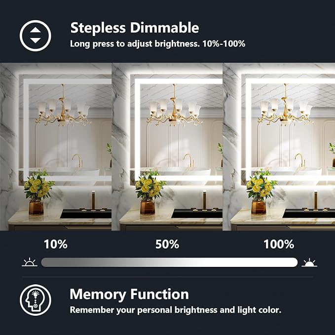 40x30 Inch LED Bathroom Mirror with Lights Front and Backlit Lighted Vanity Mirror for Bathroom Wall with 3 Colors Dimmable Anti-Fog Memory Shatter-Proof IP54 Waterproof Horizontal/Vertical