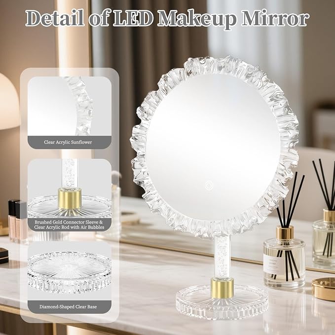 12-Inch Lighted Makeup Mirror, 3 Color Modes, Adjustable | Angle-Adjustable Vanity Mirror with 80 LED Lights; short press to change color temperature, long press for 0-100% dimming