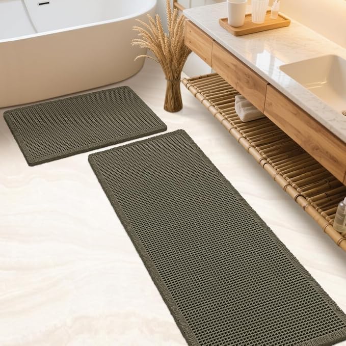 Waffle Bath Mat Set 2 Piece Olive Green,Woven Modern Bath Rug Mats, Absorbent Non Slip Bath Floor Mat, Soft Washable Boho Bath Rugs with Tassels for Bathroom, Bedroom, Kitchen,Tub