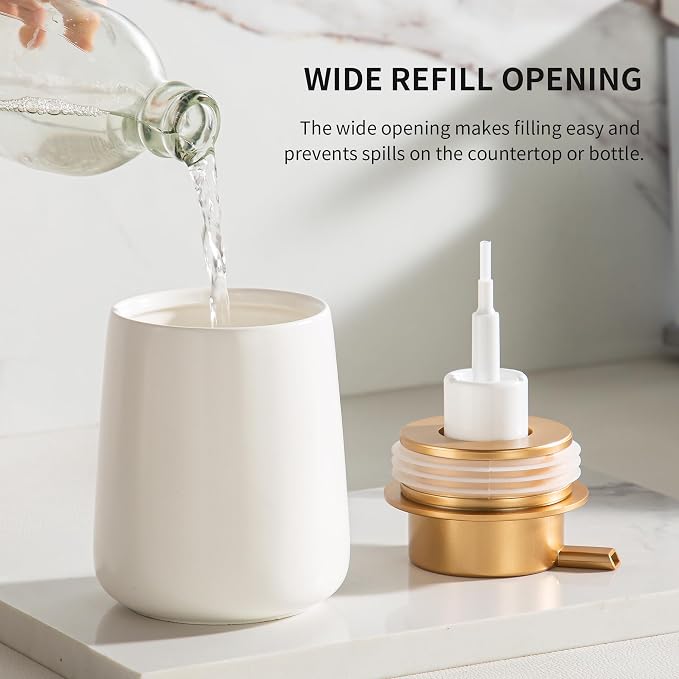 Enra Foaming Soap Dispenser, White Ceramic Hand Soap Dispenser Gold Pump | 12oz Ceramic Body with Wide-Mouth Refill Opening. Neutral Gray Finish Adds Style to Kitchens, Vanities and Countertops.