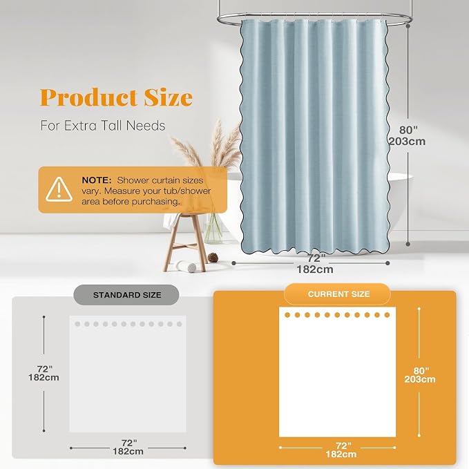 72x80 Boho Scalloped Linen Textured Cloth Shower Curtain Set, Fog Blue | Long Size, 230GSM Waterproof Polyester, Heavy Duty Fabric, 12 Plastic Hooks, Elegant Modern Farmhouse Style, Machine Washable