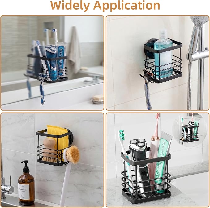 Powerful Suction Cup Stainless Steel Toothbrush Holders, Black | Removable Shower Tooth brush and Toothpaste Holder, Strong Suction Up to 11lbs, Anti-Puddling ,No Drill Bathroom Organizer