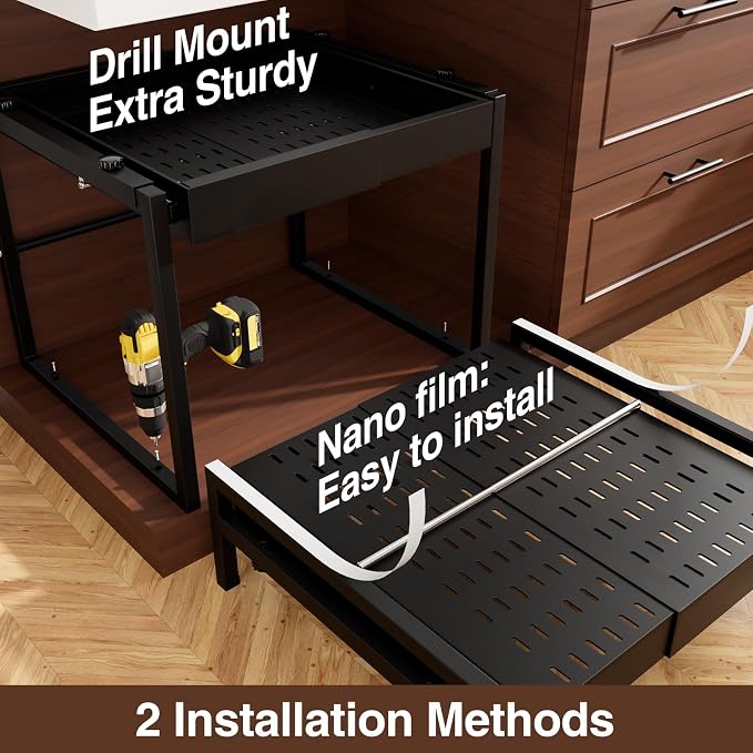 2-Tier Expandable Pull Out Cabinet Organizer, Heavy Duty Adjustable Width Metal Slide Out Shelf, No Screw Cabinet Storage Rack for Kitchen Bathroom 17in Depth Cabinet（Black）