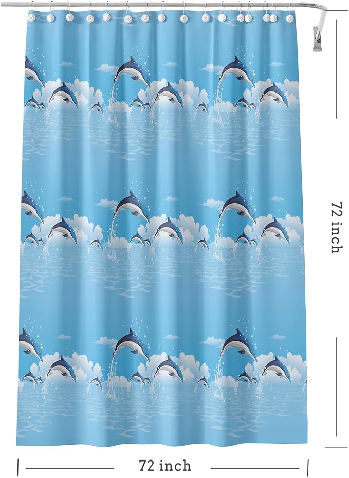TIKABC Shower Curtain Liner, 4G PEVA Blue Dolphin Shower Liner, Plastic Waterproof Shower Curtains, 72x72 inch with Grommet Holes 3 Magnetic Weights