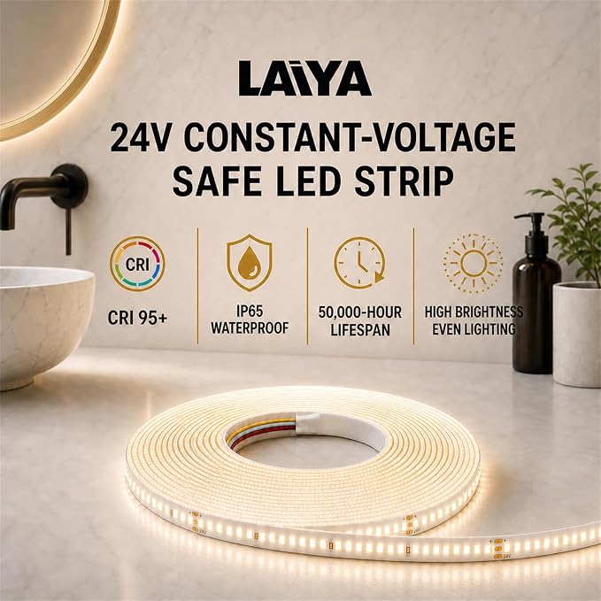 LAIYA 32 Inch Gold Round LED Bathroom Mirror, Anti Fog, Dimmable, 3 Colors | backlit lighted vanity wall mounted makeup mirror defogger touch switch brass frame IP65 CRI95 copper free silver glass hotel