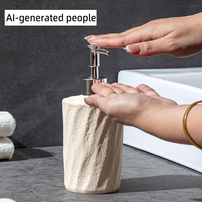Bathroom Accessories Set, 4 PCS Modern Stone Texture, Yellow | Minimalist, Resin, with Liquid Soap Dispenser 11.5 OZ, Tumblers, Toothbrush Holder, Bar Soap Tray, For Countertop Sink