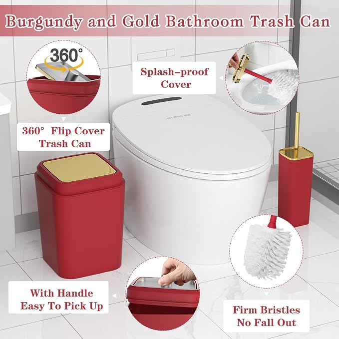 XLHOMO Bathroom Set - Burgundy Bathroom Accessories Set, Bathroom Sets with Shower Curtain and Rugs, Burgundy Shower Curtain Set with Bathroom Trash Can, Soap Dispenser, Soap Dish for Home Decor